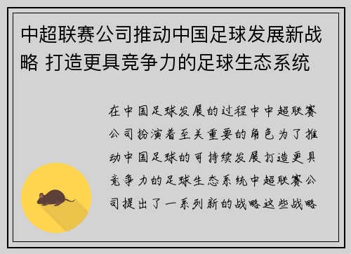中超联赛公司推动中国足球发展新战略 打造更具竞争力的足球生态系统