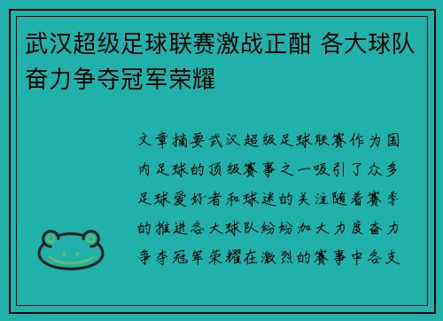 武汉超级足球联赛激战正酣 各大球队奋力争夺冠军荣耀